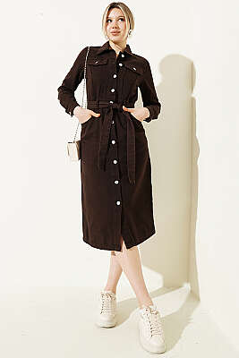 Sahte Cepli Kuşaklı Kot Elbise Kahve - Kadın Giyim Modelleri