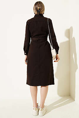 Sahte Cepli Kuşaklı Kot Elbise Kahve - Kadın Giyim Modelleri