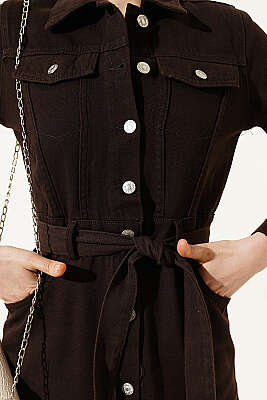 Sahte Cepli Kuşaklı Kot Elbise Kahve - Kadın Giyim Modelleri