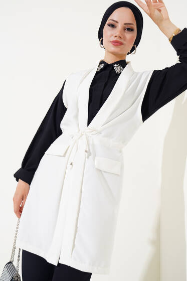 Sahte Cepli Tünelli Yelek Ekru - Yılın Fırsatı 