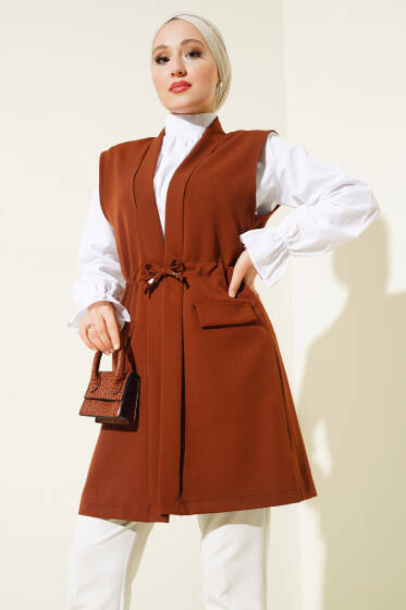 Sahte Cepli Tünelli Yelek Kahve - Yılın Fırsatı 