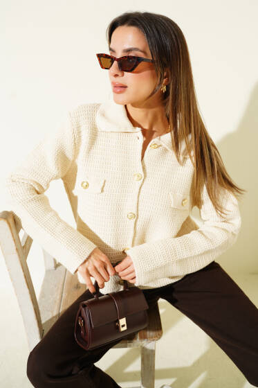 Sahte Cepli Tüvit Triko Hırka Bej - Kadın Giyim Modelleri