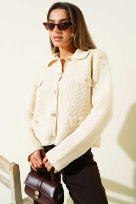 Sahte Cepli Tüvit Triko Hırka Bej - Kadın Giyim Modelleri