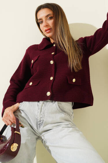 Sahte Cepli Tüvit Triko Hırka Bordo - Kadın Giyim Modelleri