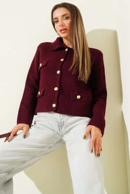 Sahte Cepli Tüvit Triko Hırka Bordo - Kadın Giyim Modelleri