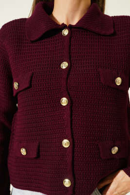 Sahte Cepli Tüvit Triko Hırka Bordo - Kadın Giyim Modelleri