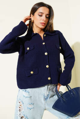 Sahte Cepli Tüvit Triko Hırka Lacivert - HELLIE