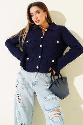 Sahte Cepli Tüvit Triko Hırka Lacivert - Kadın Giyim Modelleri