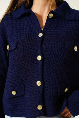 Sahte Cepli Tüvit Triko Hırka Lacivert - Kadın Giyim Modelleri