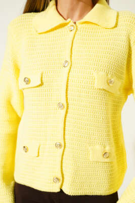 Sahte Cepli Tüvit Triko Hırka Sarı - Bayan Hırka