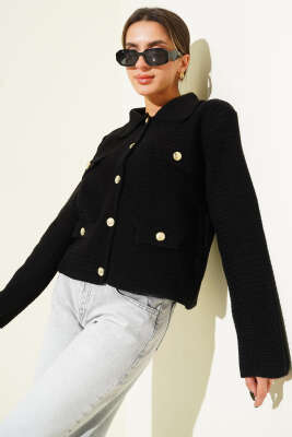 Sahte Cepli Tüvit Triko Hırka Siyah - HELLIE