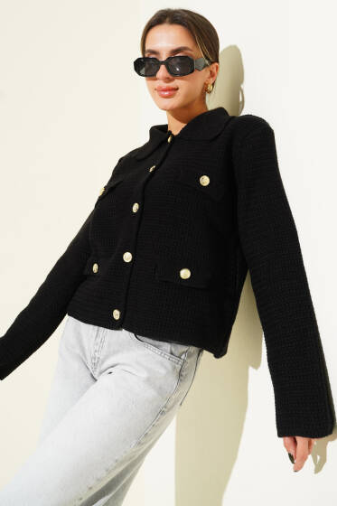 Sahte Cepli Tüvit Triko Hırka Siyah - Kadın Giyim Modelleri