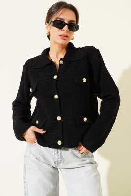 Sahte Cepli Tüvit Triko Hırka Siyah - Kadın Giyim Modelleri