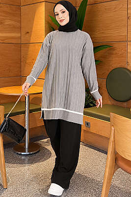 Sakal Detaylı Merserize Tunik Gri - Tunik
