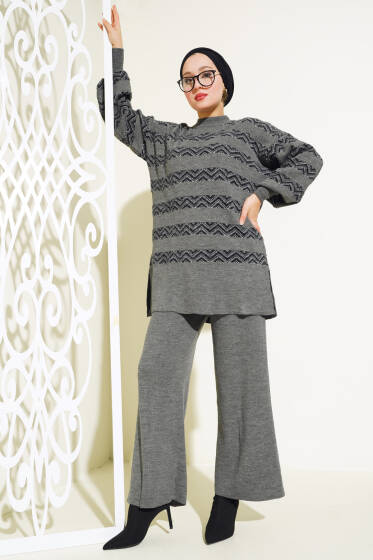 Sakal Şeritli Triko İkili Takım Füme - İkili Takım
