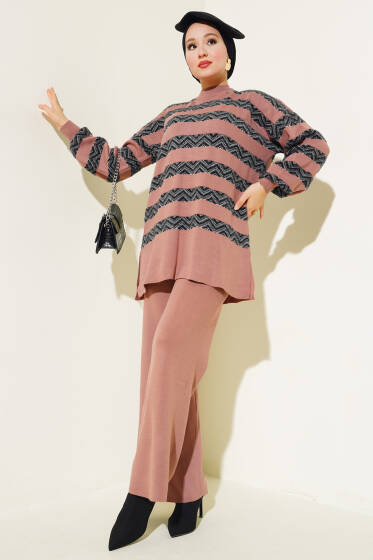 Sakal Şeritli Triko İkili Takım Gül Kurusu - İkili Takım