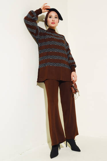Sakal Şeritli Triko İkili Takım Kahve - İkili Takım
