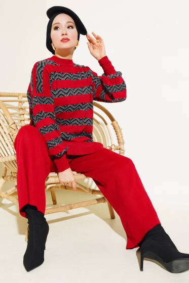 Sakal Şeritli Triko İkili Takım Kırmızı - İkili Takım