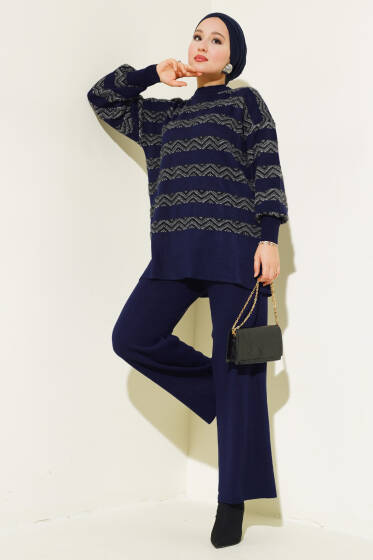 Sakal Şeritli Triko İkili Takım Lacivert - İkili Takım