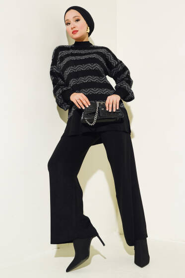 Sakal Şeritli Triko İkili Takım Siyah - İkili Takım