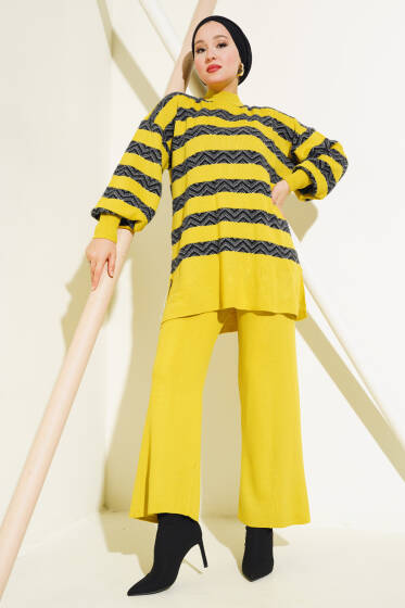 Sakal Şeritli Triko İkili Takım Yağ Yeşili - İkili Takım