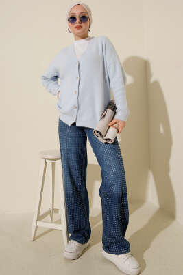 Sakallı Düğmeli Hırka Bebe Mavi - Triko Hırka