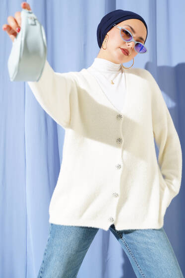 Sakallı Düğmeli Hırka Beyaz - Hırka