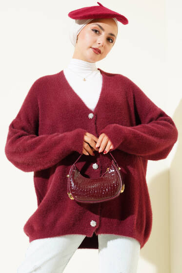 Sakallı Düğmeli Hırka Bordo - Hırka