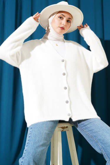 Sakallı Düğmeli Hırka Ekru - Hırka