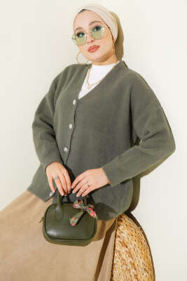 Sakallı Düğmeli Hırka Haki 