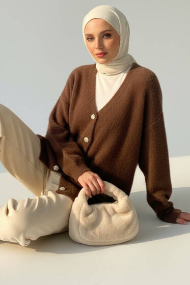 Sakallı Düğmeli Hırka Kahve - Hırka