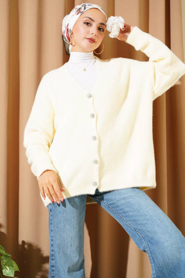 Sakallı Düğmeli Hırka Krem - Hırka