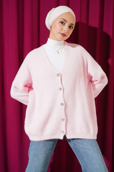 Sakallı Düğmeli Hırka Pembe - Hırka