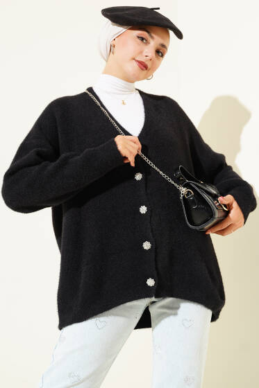 Sakallı Düğmeli Hırka Siyah - Hırka