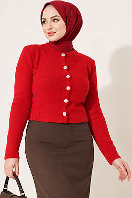 Sakallı Düğmeli Kısa Hırka Kırmızı - FİXAY