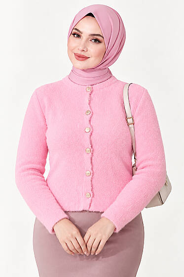 Sakallı Düğmeli Kısa Hırka Pembe - Hırka