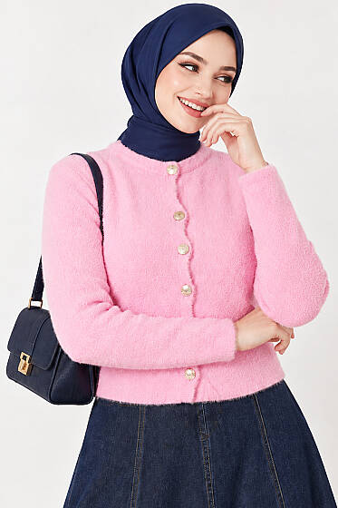 Sakallı Düğmeli Kısa Hırka Pembe - Hırka