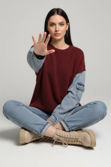 Sakallı Kolları Kot Kazak Bordo - Kadın Giyim Modelleri