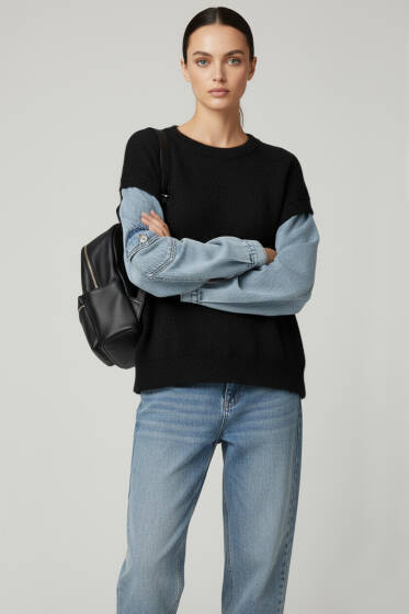 Sakallı Kolları Kot Kazak Siyah - Kadın Giyim Modelleri