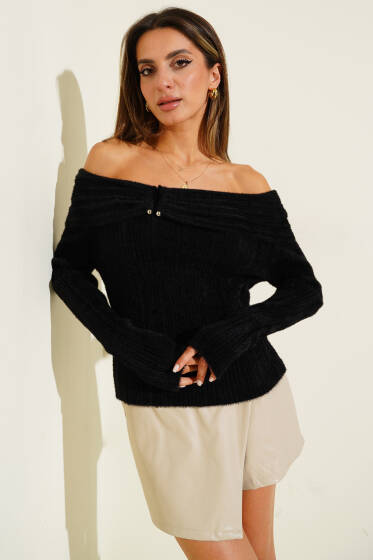 Sakallı Madonna Yaka Kazak Siyah - Kadın Giyim Modelleri