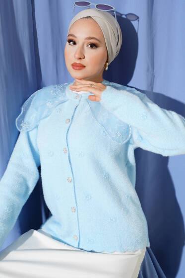 Sakallı Omuz Tül Çiçekli Hırka Mavi - Hırka