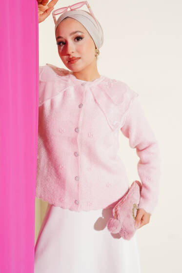 Sakallı Omuz Tül Çiçekli Hırka Pembe - Hırka