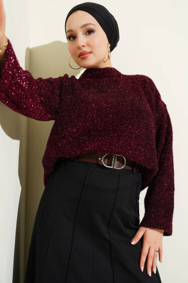 Sakallı Simli Triko Kazak Bordo - Triko Kazak