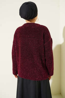 Sakallı Simli Triko Kazak Bordo - Triko Kazak