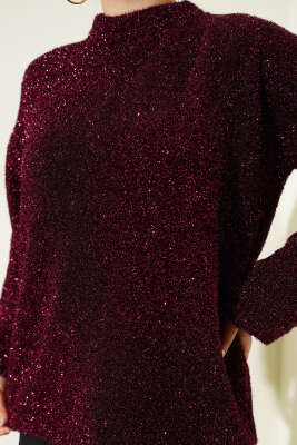 Sakallı Simli Triko Kazak Bordo - Triko Kazak