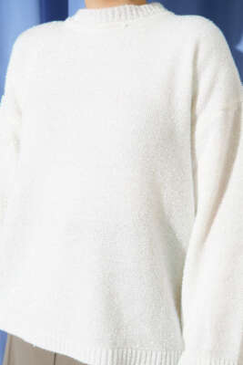 Sakallı Simli Triko Kazak Ekru - Triko Kazak