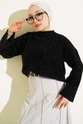 Sakallı Simli Triko Kazak Siyah - VAV TEKSTİL