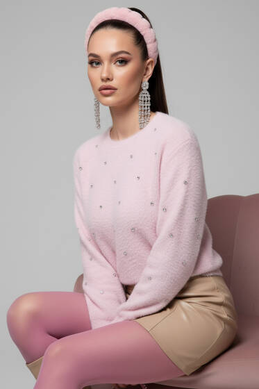 Sakallı Taş Detaylı Kazak Pembe - Kadın Giyim Modelleri