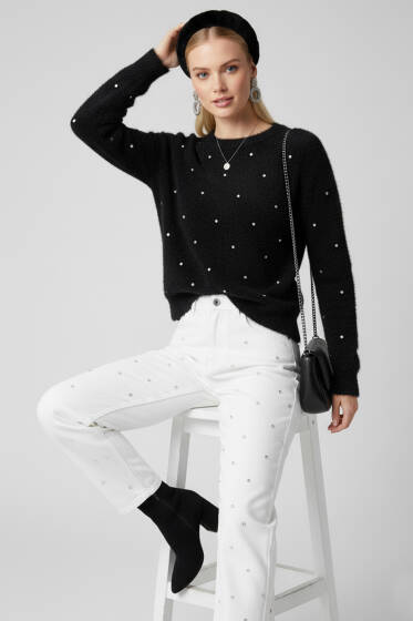 Sakallı Taş Detaylı Kazak Siyah - Kadın Giyim Modelleri