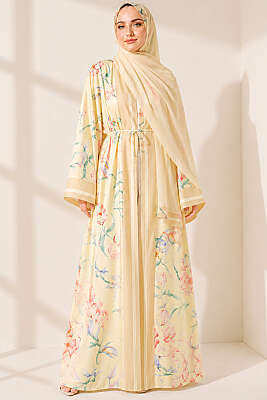 Şal Detaylı Çiçekli Desenli Kimono Sarı - Kimono